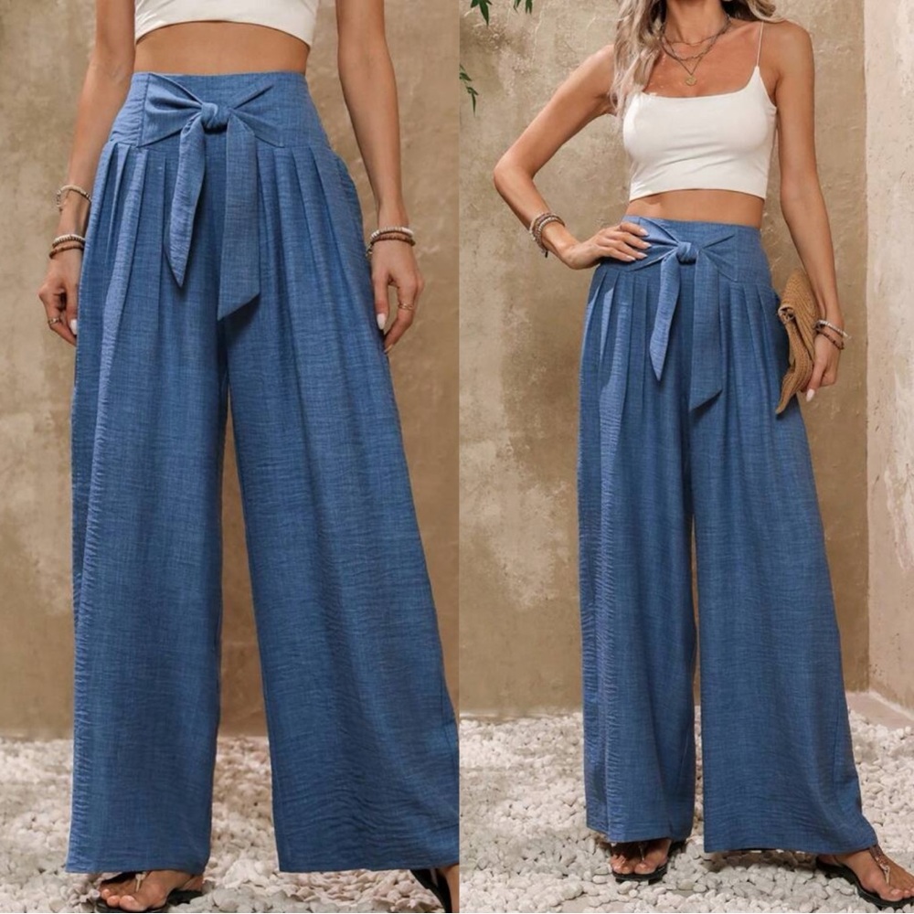 Solid Wide Leg High Waisted Smocked Tie Pants - Picture 3 of 7